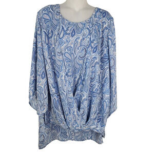 Catherines Womens Blouse Size 1X 18/20W Blue Paisley Faux Wrap Draped 3/4 Sleeve